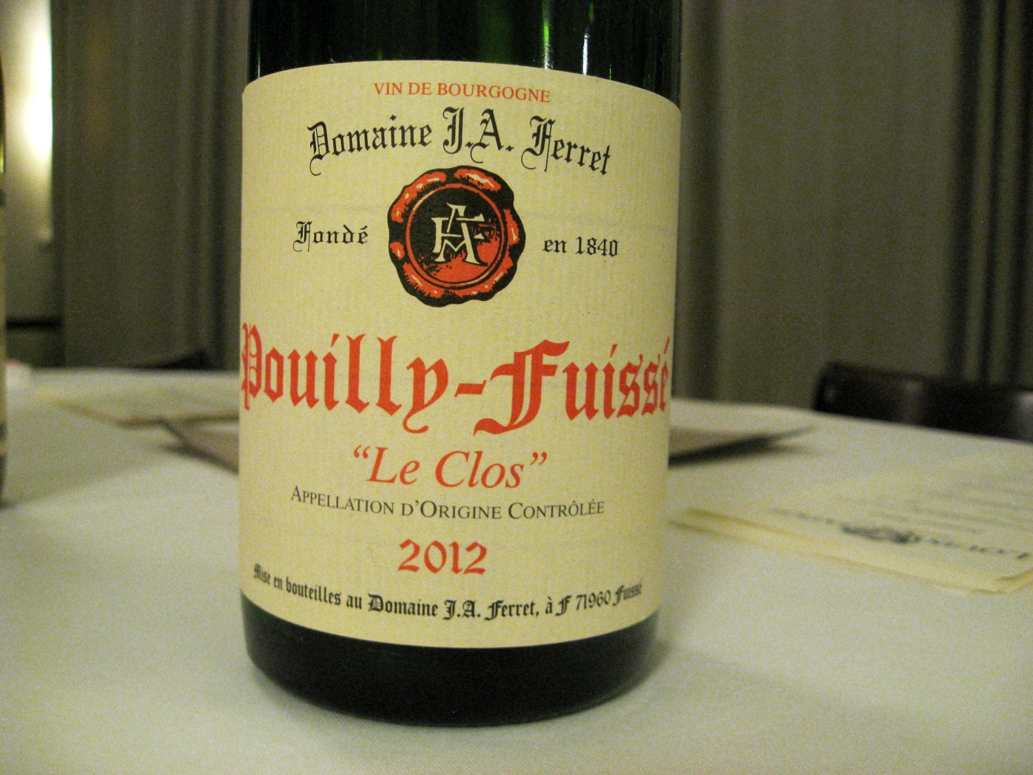 Domaine Ferret, Pouilly-Fuissé, Tete de Cru Le Clos 2012, F71960, France, Wine Casual