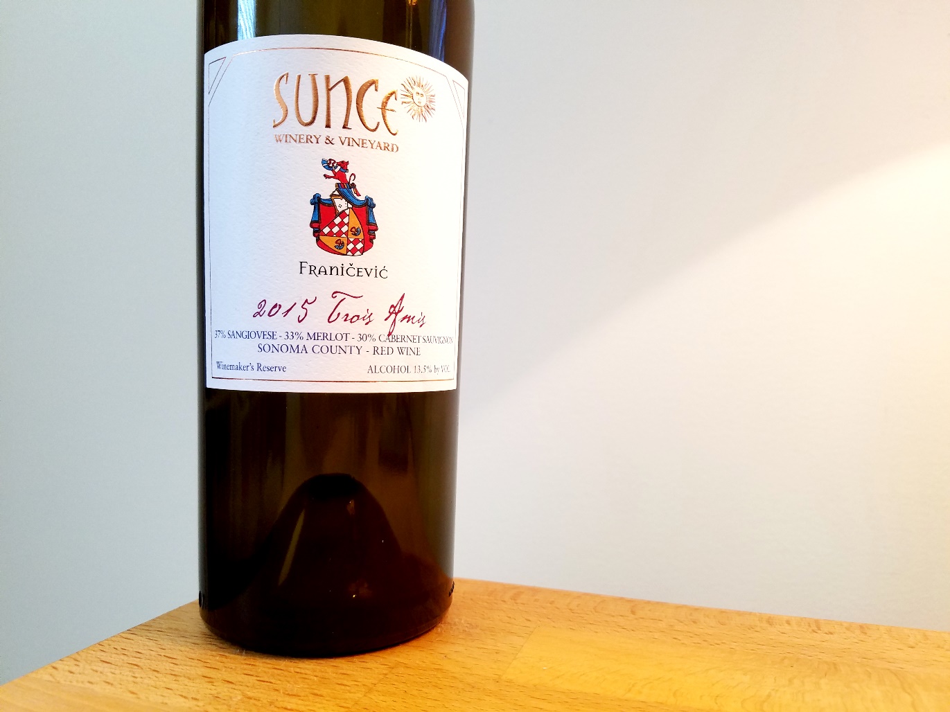 Sunce Winery & Vineyard, Winemaker’s Reserve Trois Amis 2015, Sonoma County, California, Wine Casual
