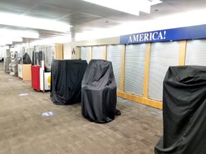 Closed store booths in Newark International Airport during COVID-19 pandemic.