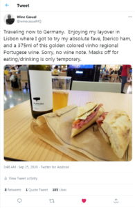  Ibérico ham sandwich and Vinho Regional Alentejano Portuguese wine photo I tweeted out while in the Lisbon airport food court during the pandemic. 