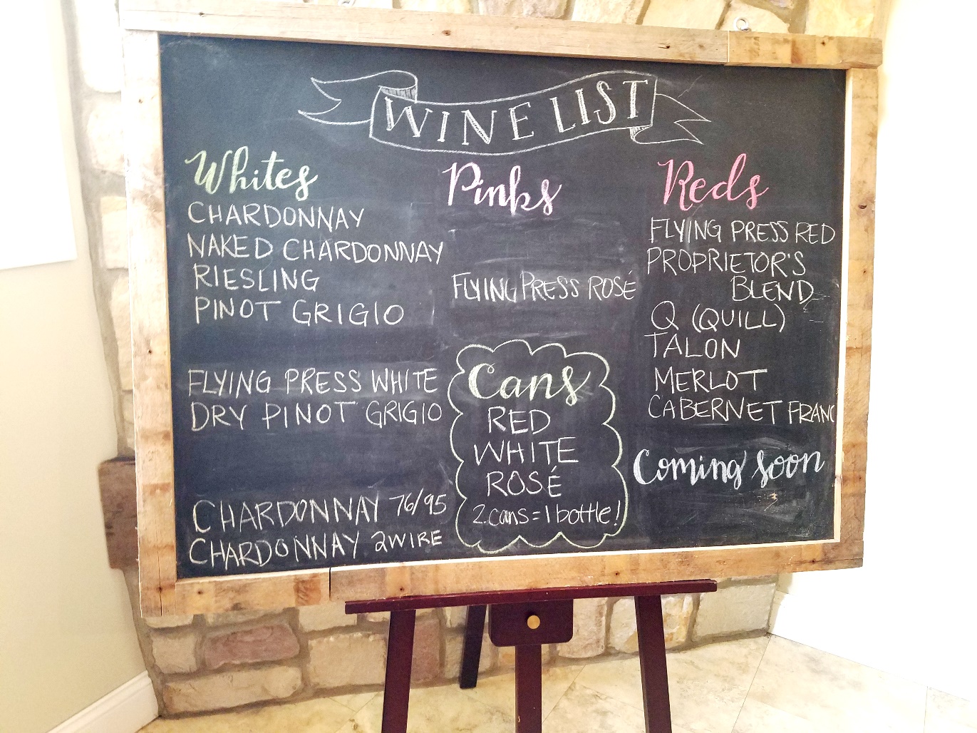 Chalkboard of wines available at Hawk Haven Vineyard in New Jersey. Wine Casual